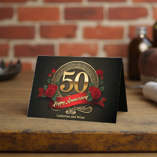 Red Roses & Gold Numerals 50th Wedding Anniversary Card