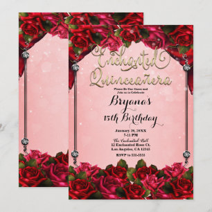 Red Roses Gold & Pink Quinceañera 15th Party Invitation
