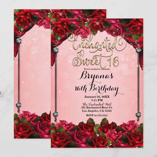 Red Roses Gold & Pink Sweet 16 16th Party  Invitation (Front/Back)