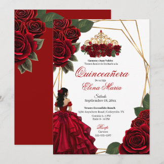 Red Roses Gold Quinceañera Invitation