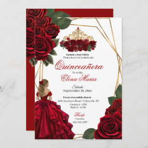 Red Roses Gold Quinceañera  Invitation