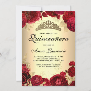 Red Roses Gold Quinceanera Invitation