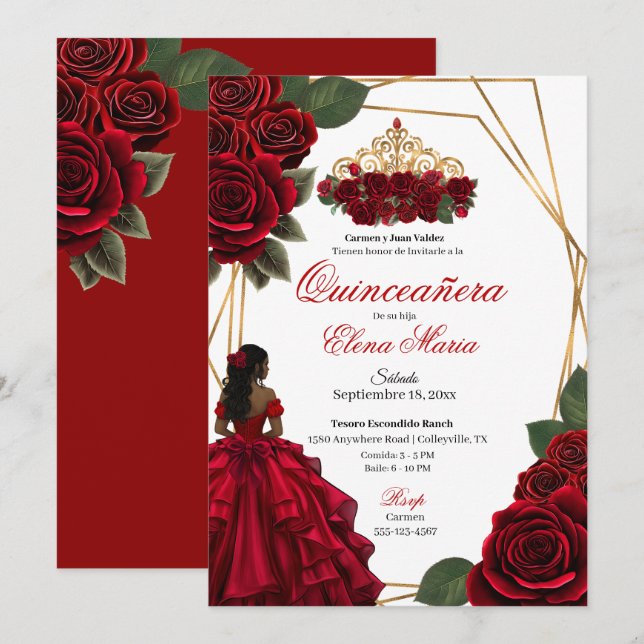 Red Roses Gold Quinceañera  Invitation (Front/Back)