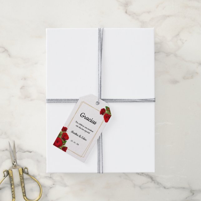 Red Roses Gold Spanish Wedding Favour Tag (With Twine)