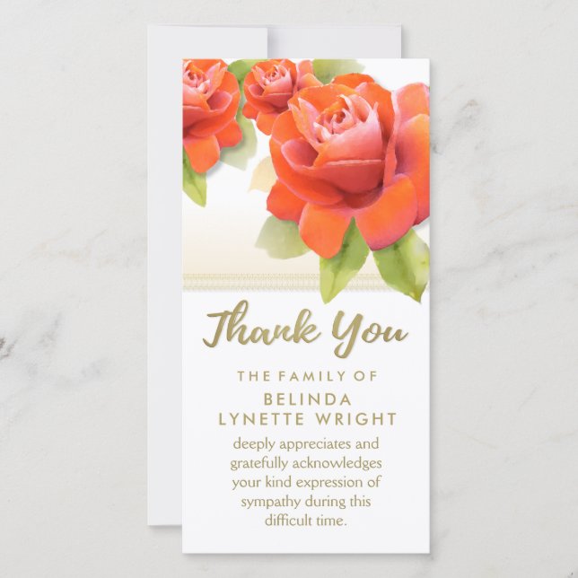 Red Roses Gold Thank You Sympathy Card (Front)