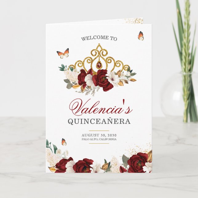 Red Roses Gold Tiara Butterfly Quinceanera Programme (Front)