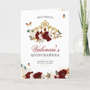 Red Roses Gold Tiara Butterfly Quinceanera Programme