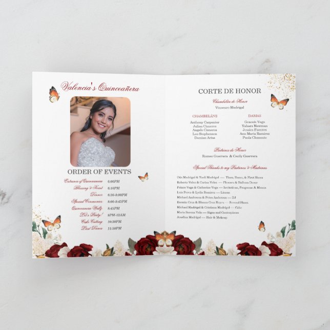 Red Roses Gold Tiara Butterfly Quinceanera Programme (Inside)