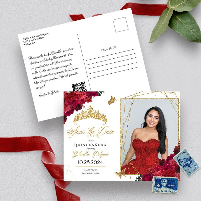 Red Roses & Gold Tiara Quinceañera Photo Postcard (Creator Uploaded)