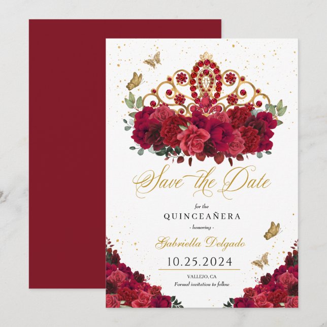 Red Roses & Gold Tiara Save The Date Quinceañera Invitation (Front/Back)