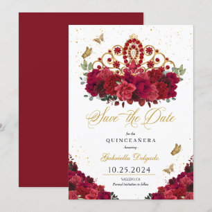 Red Roses & Gold Tiara Save The Date Quinceañera Invitation