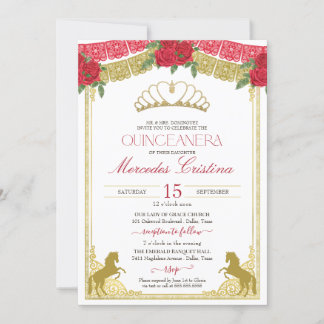 Red Roses & Gold Western Charro Horses Quinceañera Invitation