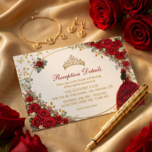  Red Roses Golden Butterflies Quinceañera Enclosure Card