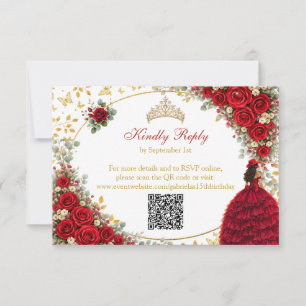 Red Roses Golden Butterflies Quinceañera RSVP Card