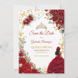 Red Roses Golden Butterflies Quinceañera Save The Date