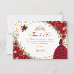 Red Roses Golden Butterflies Quinceañera Thank You Card