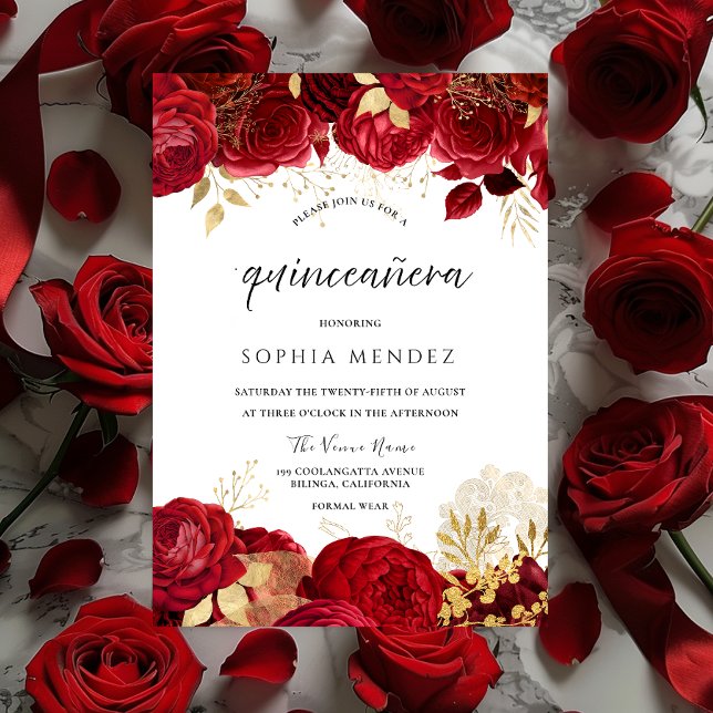  Red Roses Golden leaf Quinceanera Party Invitation (Creator Uploaded)