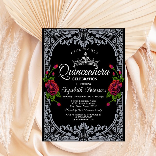 Red Roses Gothic Black Stripes Quinceañera  Invitation (Creator Uploaded)