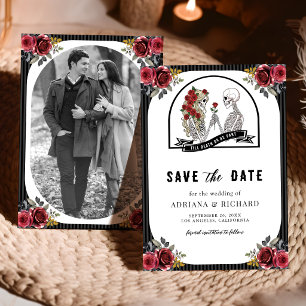 Red Roses Gothic Skeleton Couple Photo Wedding Save The Date