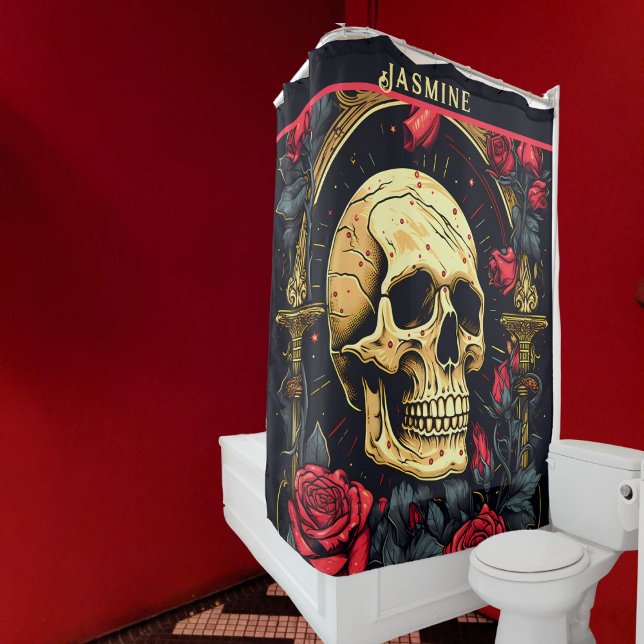 Red Roses Gothic Skull Halloween  Shower Curtain (Skull and Roses Shower Curtain for that special touch for your bathroom décor.)