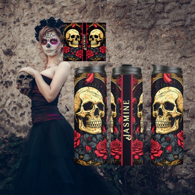 Red Roses Gothic Skull Halloween Yoga Thermal Tumbler (Gothic Tattoo Designed Skull and Roses Halloween Thermal Tumbler. )