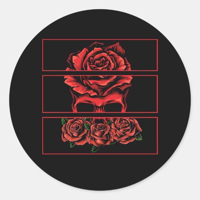 Red Roses Gothic Skull Wicca Goth Flowers Classic Round Sticker (Front)