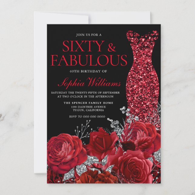Red Roses & Gown Black 60th Birthday Party  Invitation (Front)