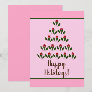 Red Roses & Green Holly Christmas Tree Art, Pink
