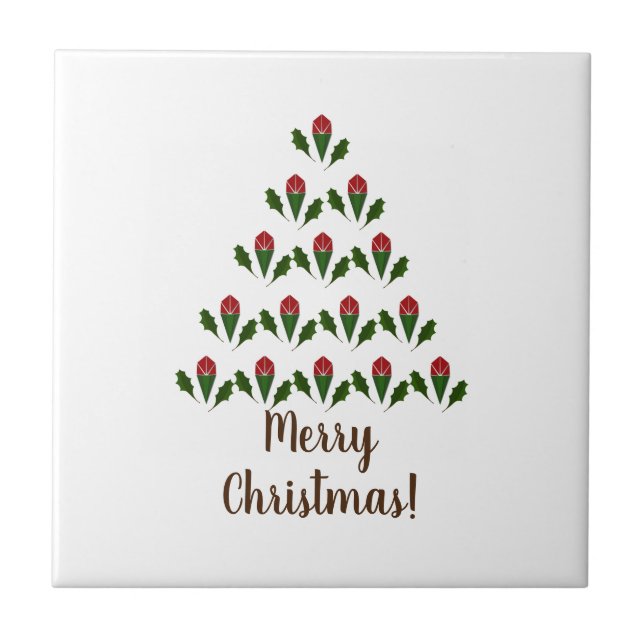 Red Roses & Green Holly Christmas Tree Christmas Tile (Front)