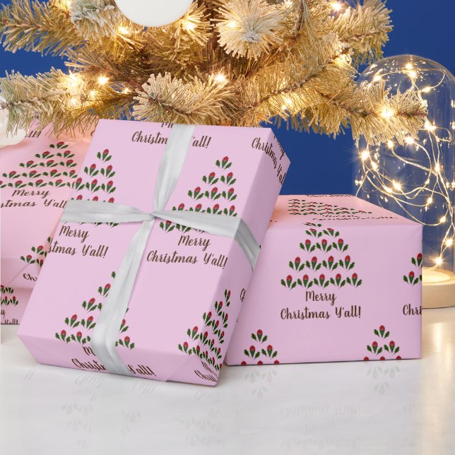 Red Roses Green Holly Christmas Tree & Wish, Pink Wrapping Paper (Holidays)