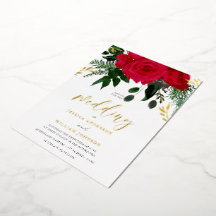 Red Roses & Green Leaf Wedding Gold Foil