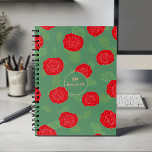 Red Roses_Green Leaves Floral Pattern Script Planner