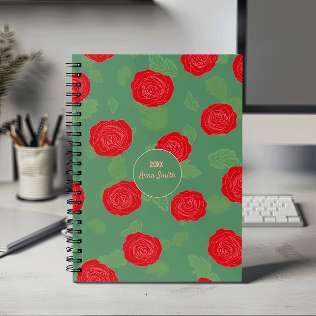 Red Roses_Green Leaves Floral Pattern Script  Planner (Creator Uploaded)