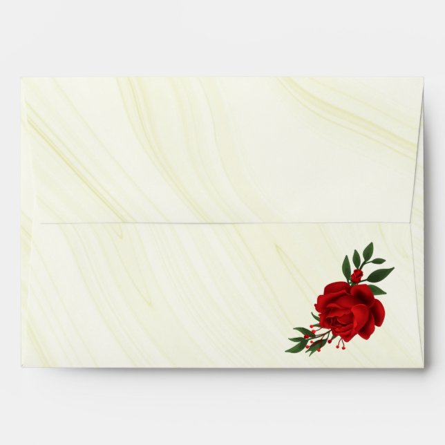 red roses green leaves pale gold marble envelope (Back (Top Flap))