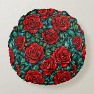 Red Roses & Green Leaves 🌹🍃 Romantic Floral Chic Round Cushion