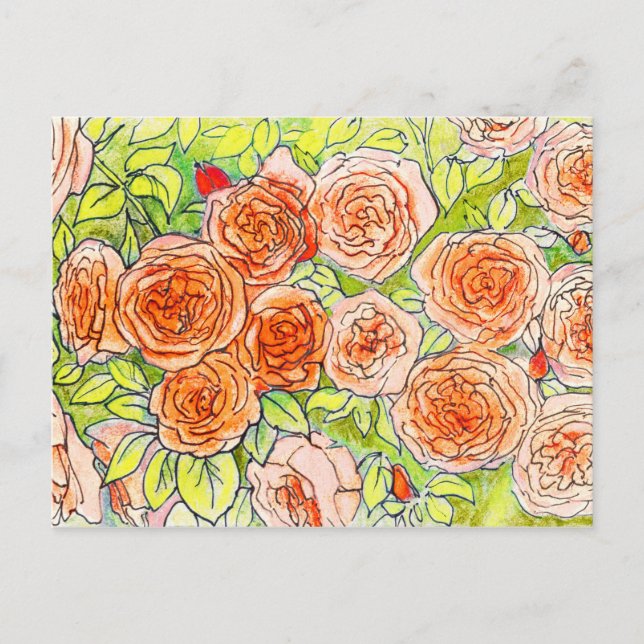 Red Roses, Green Leaves Rose Garden Floral Sketch  Postcard (Front)