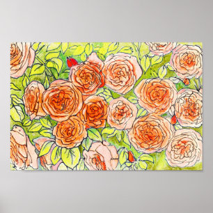 Red Roses, Green Leaves Rose Garden Floral Sketch  Poster