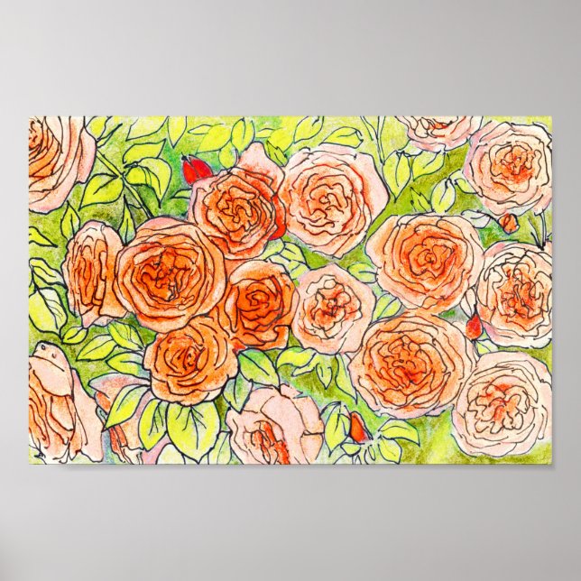 Red Roses, Green Leaves Rose Garden Floral Sketch  Poster (Front)