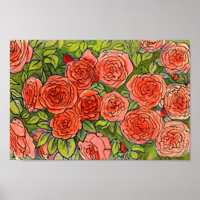 Red  Roses, Green Leaves Rose Garden Summer Flower Poster (Front)