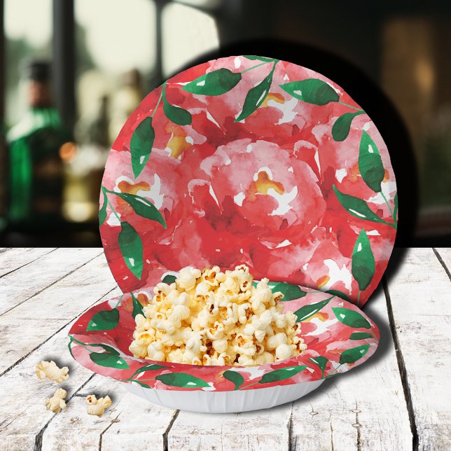 Red Roses Greenery Floral Paper Bowls Plate (Red roses and greenery floral black rimmed paper bowls)