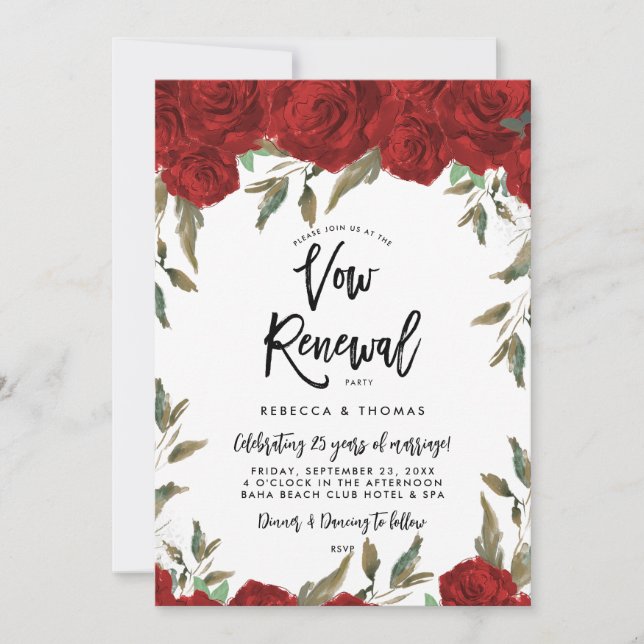 red roses greenery vow renewal invitation (Front)