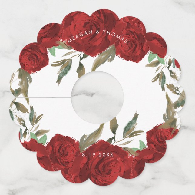 red roses greenery wedding wine glass tag (Front)