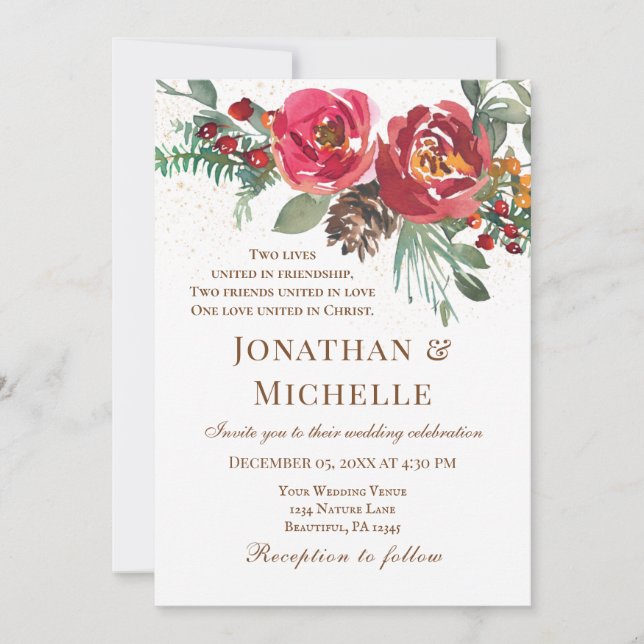Red Roses Greenery Winter Christianl Wedding Invitation (Front)