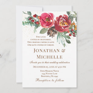 Red Roses Greenery Winter Christianl Wedding Invitation