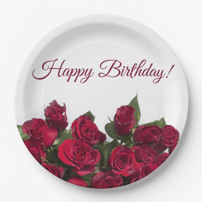 Red roses happy birthday paper plate (Front)