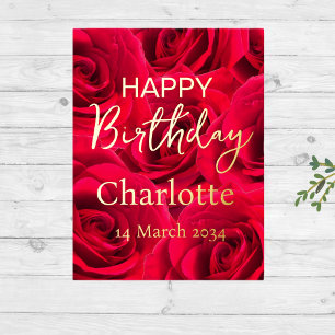 Red Roses Happy Birthday Real Gold Foil Foil Holiday Postcard