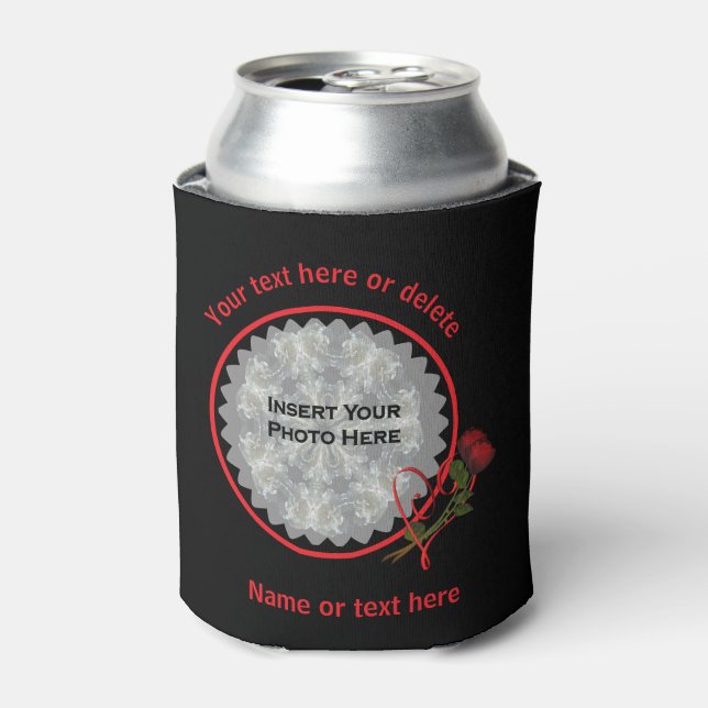 Red Roses Heart Black Personalised Photo Can Cooler (Can Front)