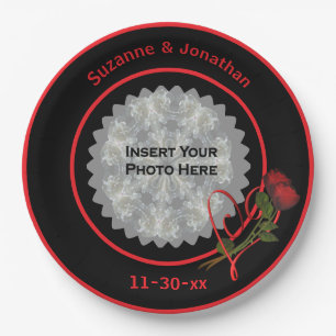 Red Roses Heart Black Personalized Wedding Photo  Paper Plate