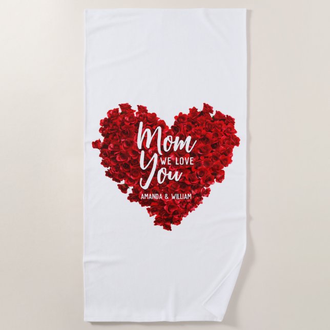Red Roses Heart Love You Mum Mother's Day Beach Towel (Front)