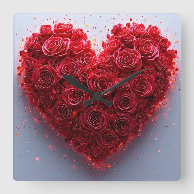 Red roses heart square wall clock (Front)